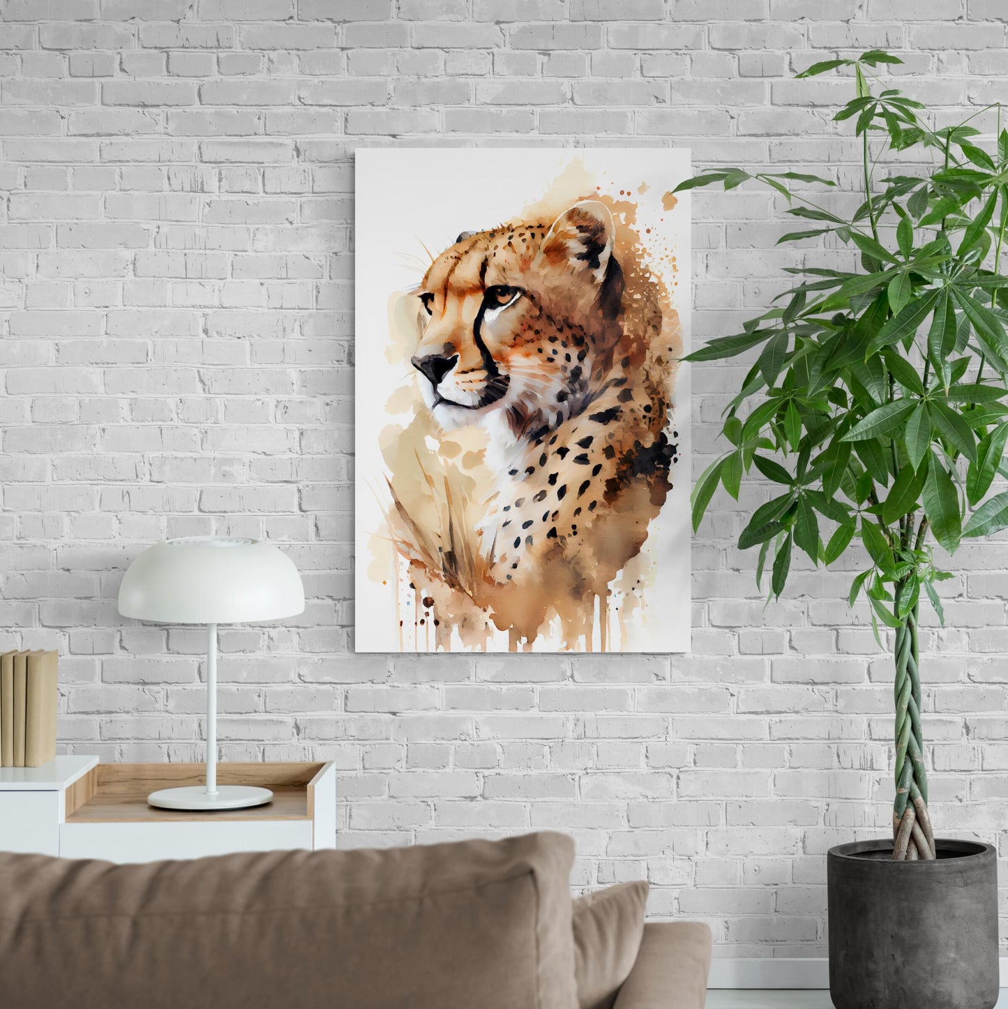 Cheetah Desert Hero - Geparden Aquarell Wandbild - Querformat im Wohnzimmer