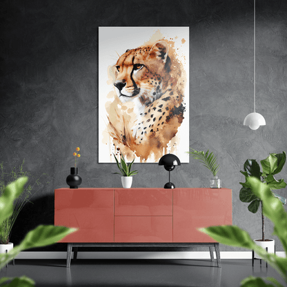 Cheetah Desert Hero - Geparden Aquarell Wandbild - Querformat - über einer Wohnzimmer-Kommode