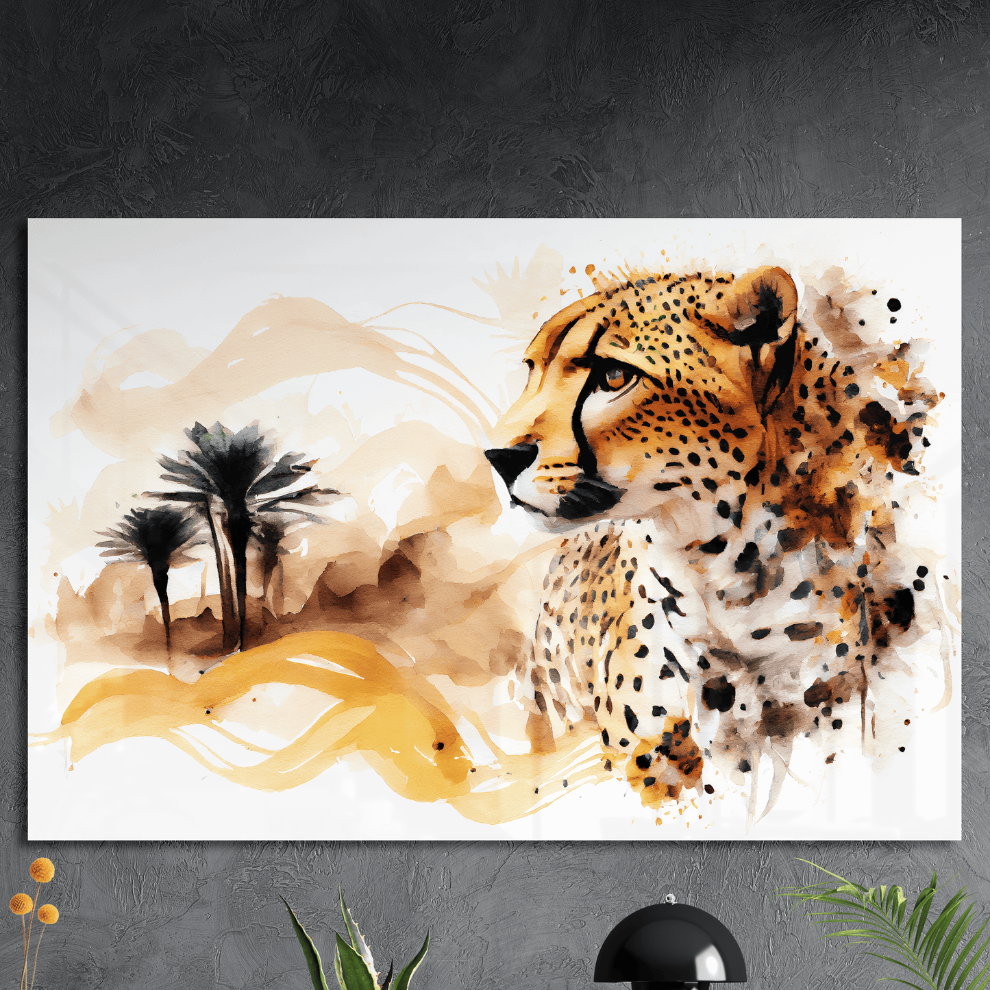 Cheetah Desert Storm - Geparden Aquarell Wandbild - Querformat - Acrylglas (Alu verstärkt) - Detailansicht