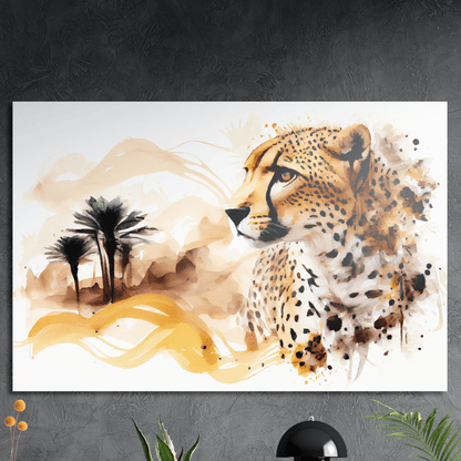 Cheetah Desert Storm - Geparden Aquarell Wandbild - Querformat - Alu-Dibond 