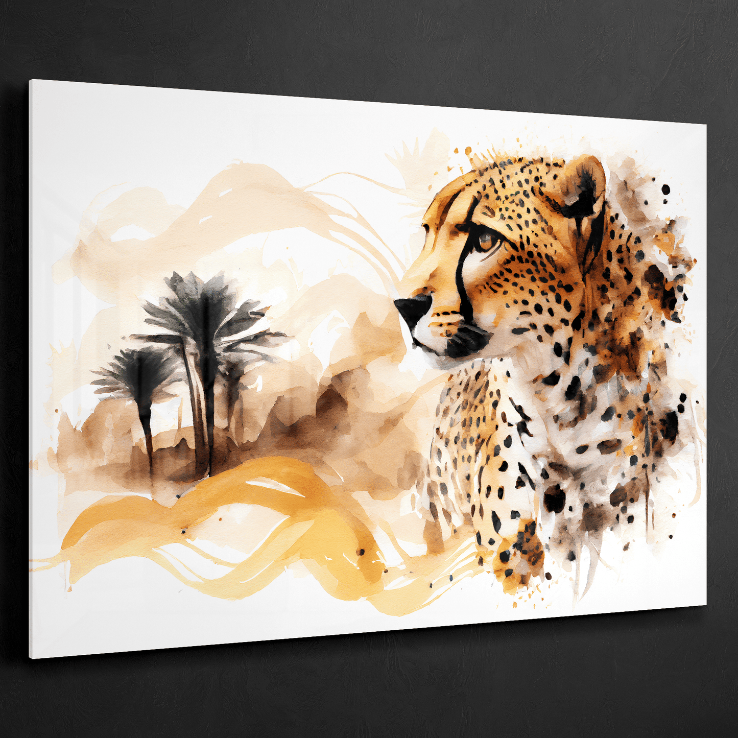 Cheetah Desert Storm - Geparden Aquarell Wandbild - Querformat - Acrylglas - Detailansicht