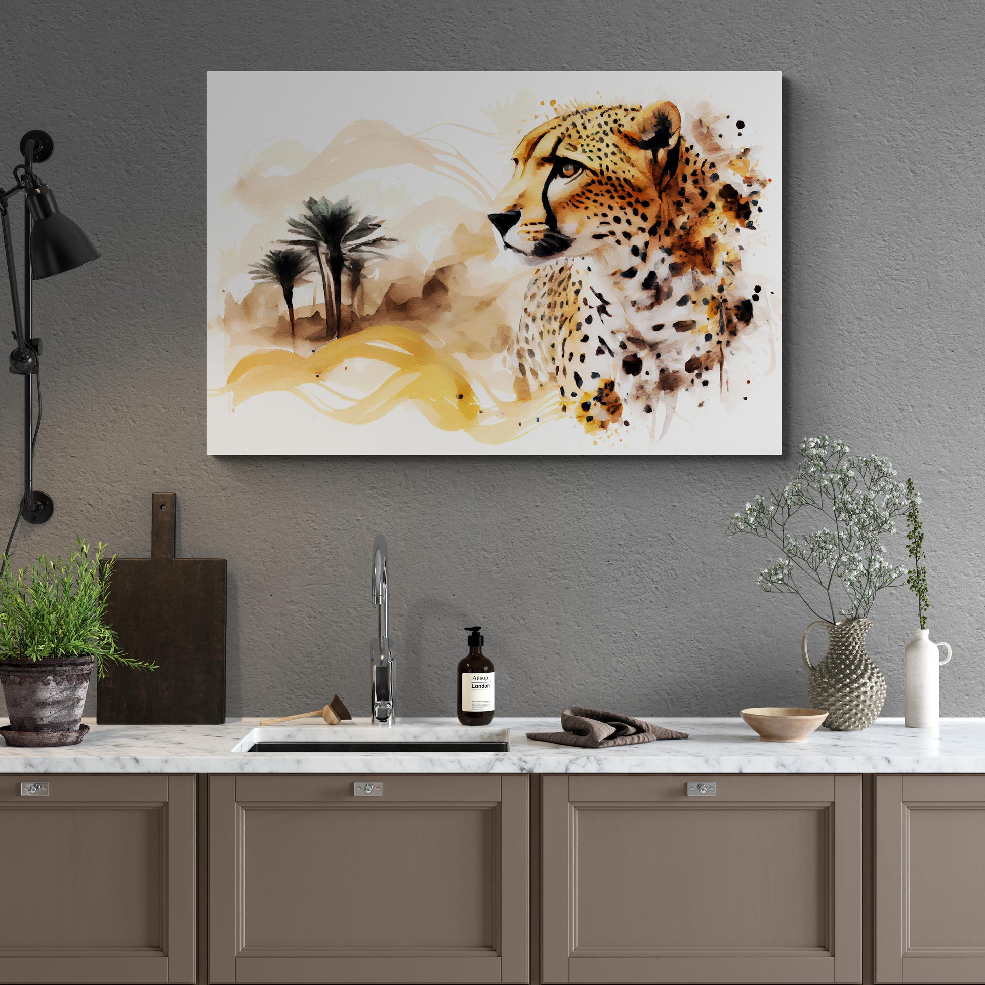 Cheetah Desert Storm - Geparden Aquarell Wandbild - Querformat im Küche