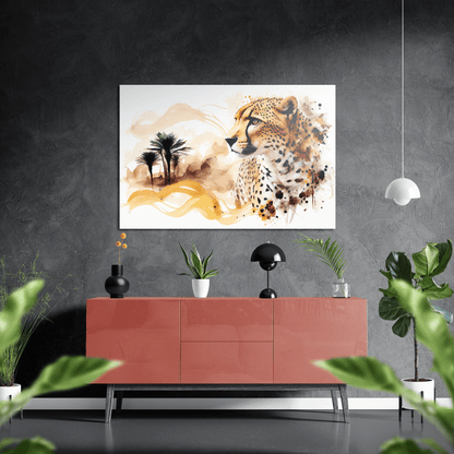 Cheetah Desert Storm - Geparden Aquarell Wandbild - Querformat - über einer Wohnzimmer-Kommode