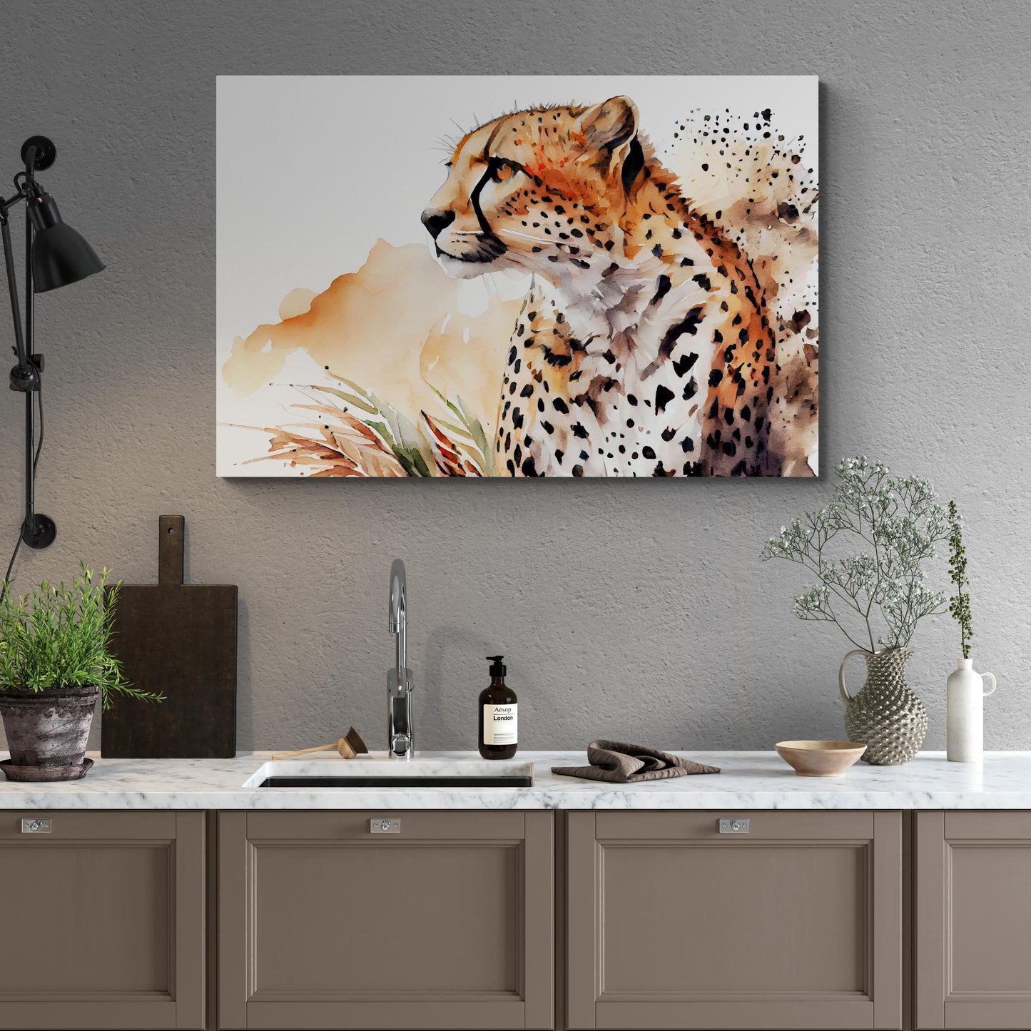 Cheetah Focused Gaze - Geparden Aquarell Wandbild - Querformat Küche