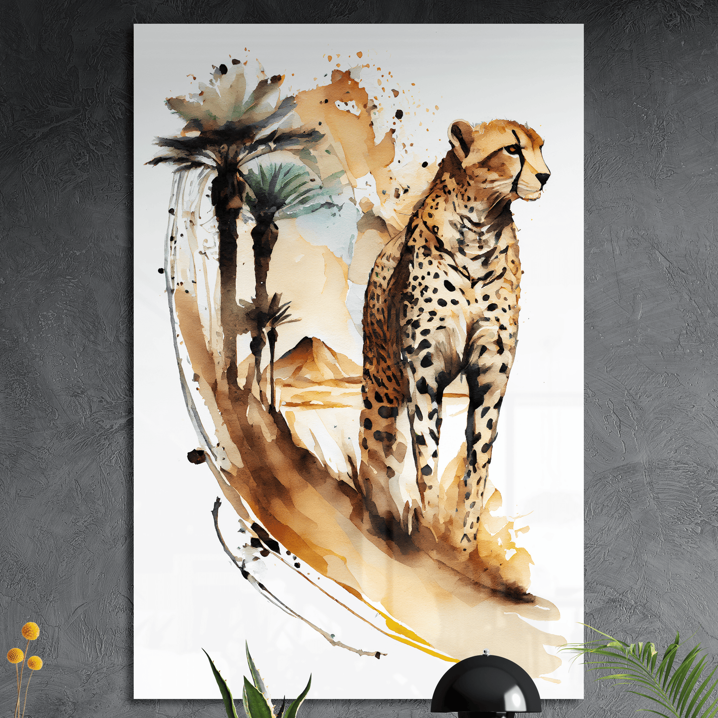 Cheetah the Desert Exporer - Geparden Aquarell Wandbild - Querformat - Acrylglas (Alu verstärkt) - Detailansicht
