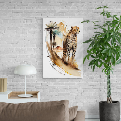 Cheetah the Desert Exporer - Geparden Aquarell Wandbild - Querformat im Wohnzimmer