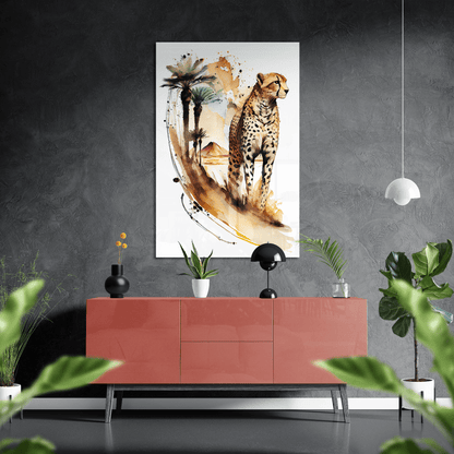 Cheetah the Desert Exporer - Geparden Aquarell Wandbild - Querformat - über einer Wohnzimmer-Kommode