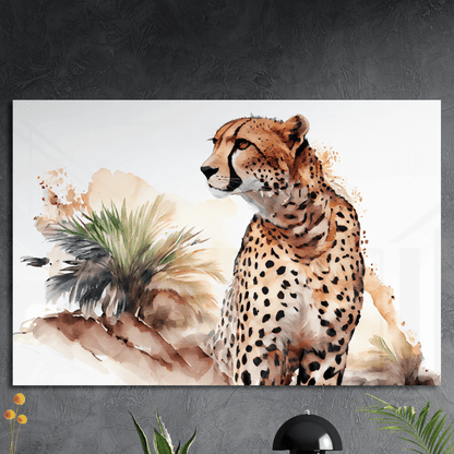 Cheetahs Oasis - Geparden Aquarell Wandbild - Querformat - Acrylglas (Alu verstärkt) - Detailansicht