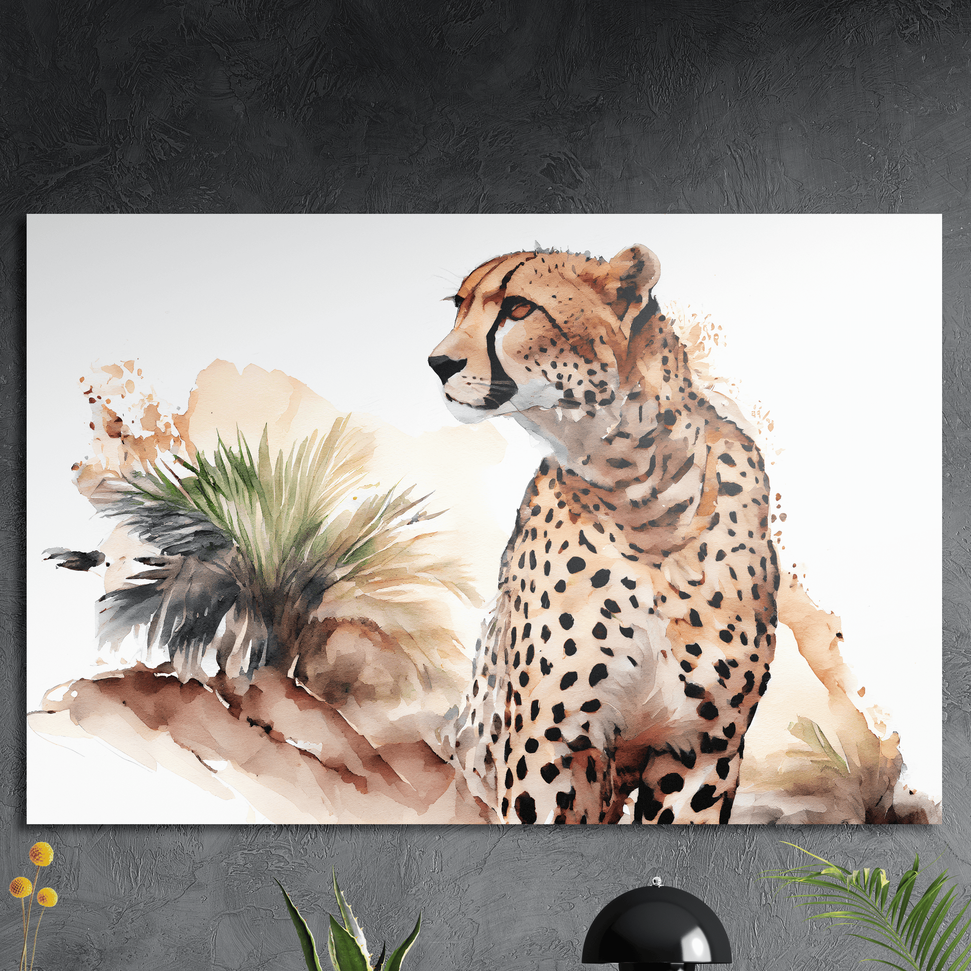 Cheetahs Oasis - Geparden Aquarell Wandbild - Querformat - Alu-Dibond 