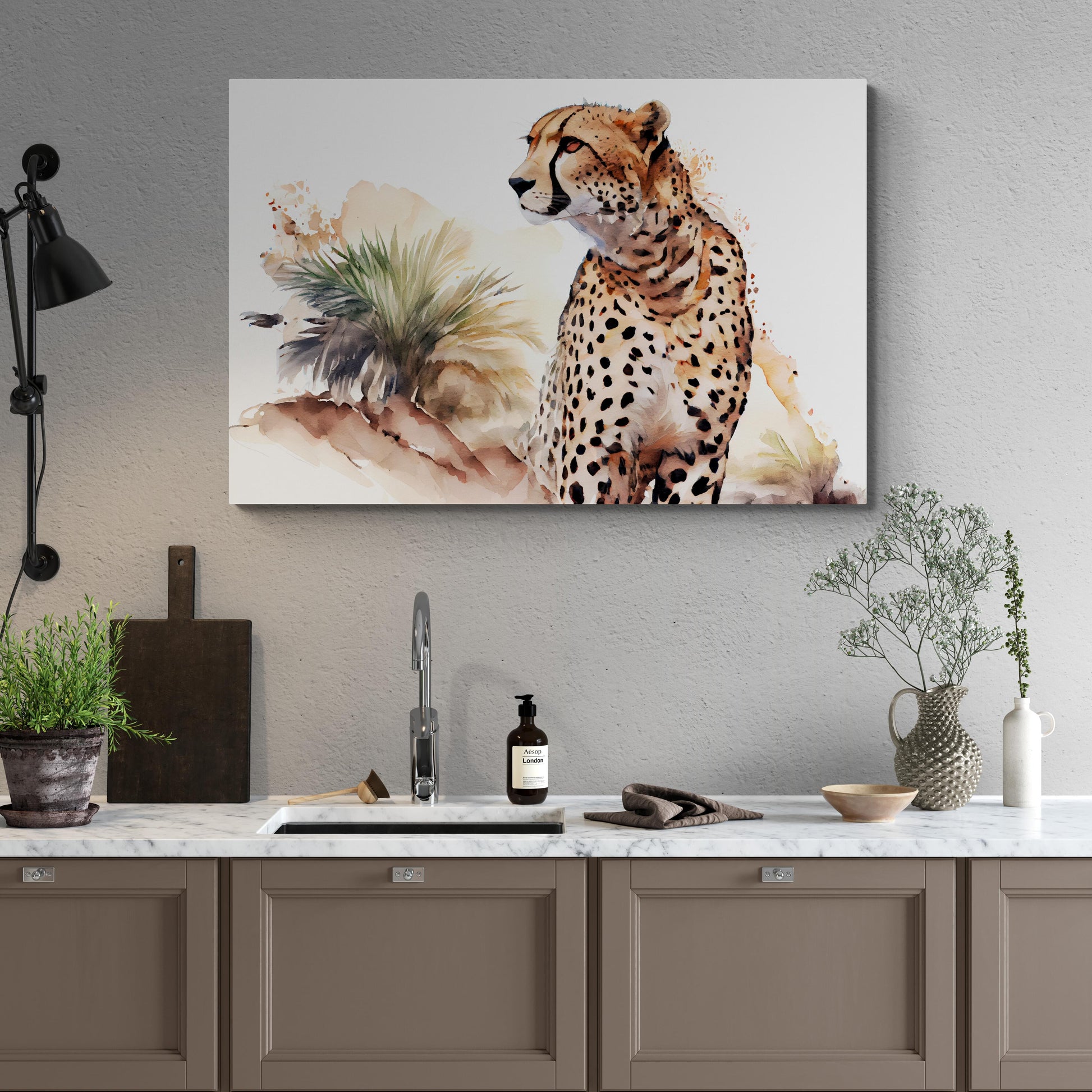 Cheetahs Oasis - Geparden Aquarell Wandbild - Querformat im Kueche