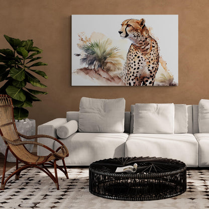 Cheetahs Oasis - Geparden Aquarell Wandbild - Querformat Wohnzimmer