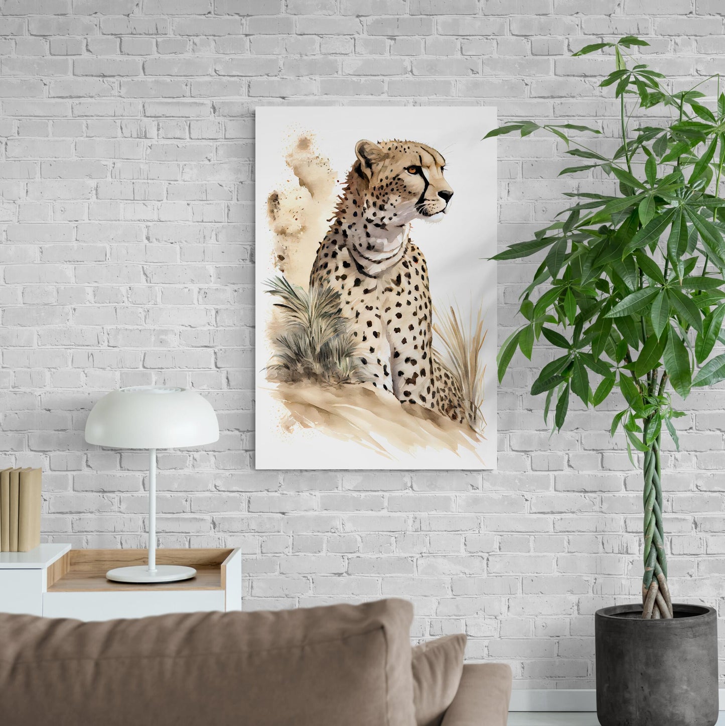 Gepards Dünenwache - Geparden Aquarell Wandbild - Querformat im Wohnzimmer