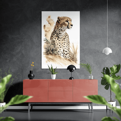 Gepards Dünenwache - Geparden Aquarell Wandbild - Querformat - über einer Wohnzimmer-Kommode