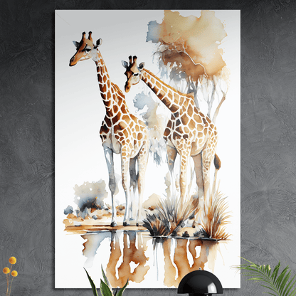 Giraffen am- Wasserloch - Aquarell - Hochformat - Alu