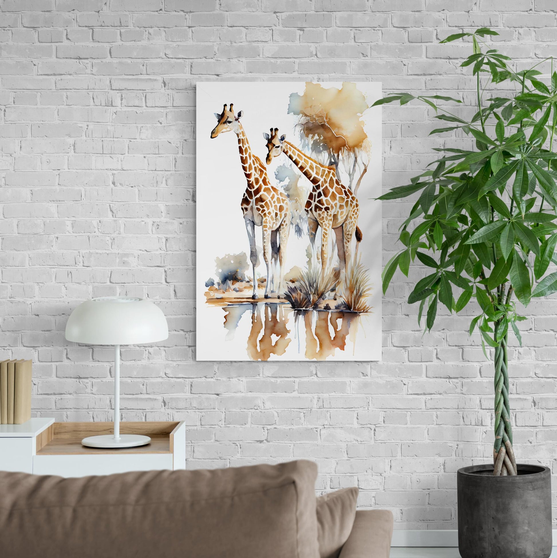 Giraffen am- Wasserloch - Aquarell - Hochformat im Wohnzimmer
