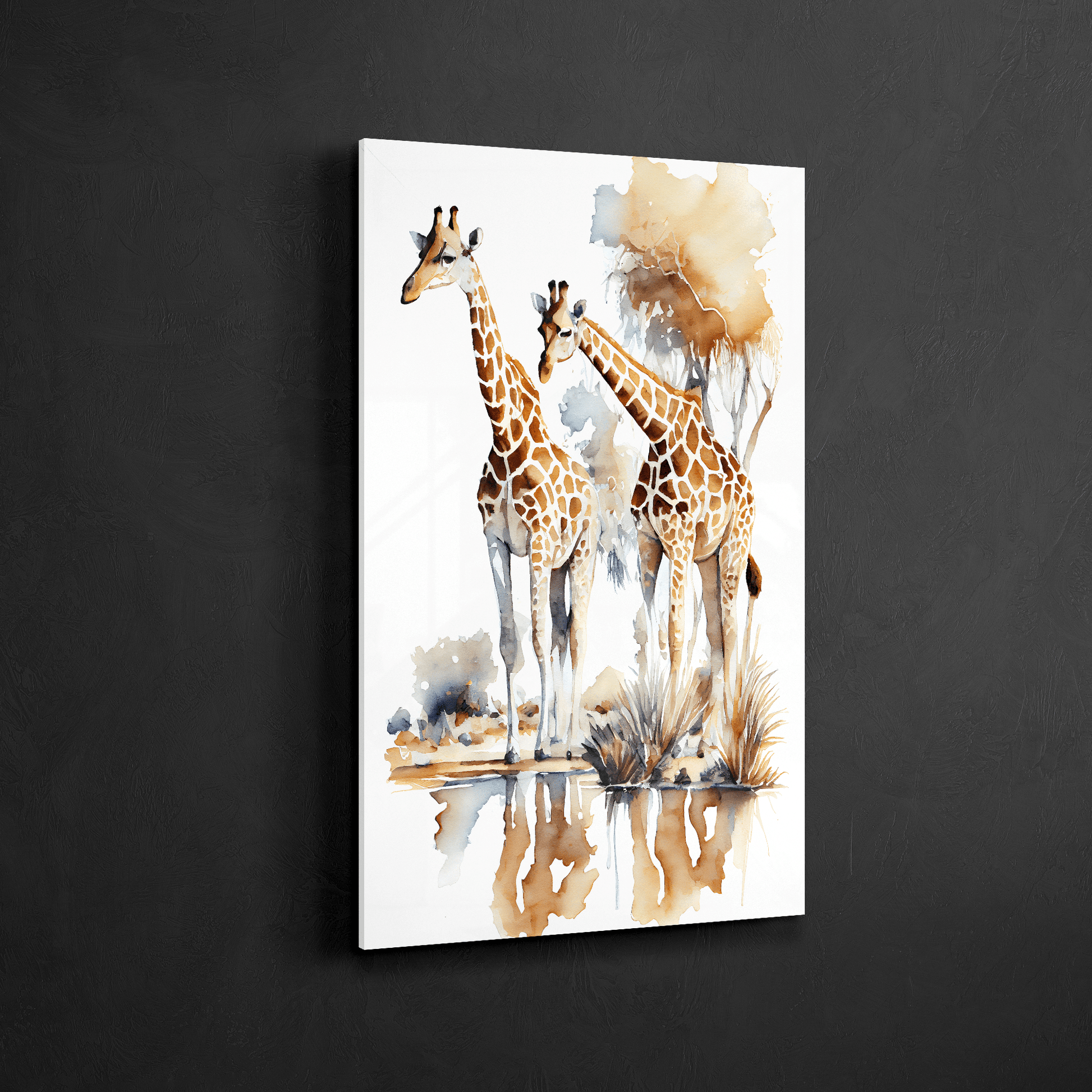 Giraffen am- Wasserloch - Aquarell - Hochformat - Details