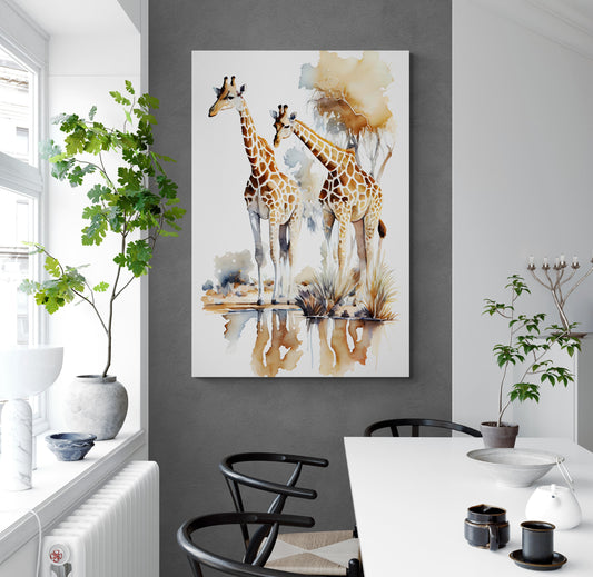 Giraffen am- Wasserloch - Aquarell - Hochformat im Esszimmer