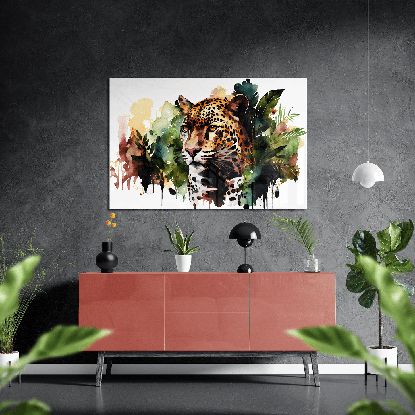 Leopard im Dschungel - Aquarell - Querformat im Wohnzimmer