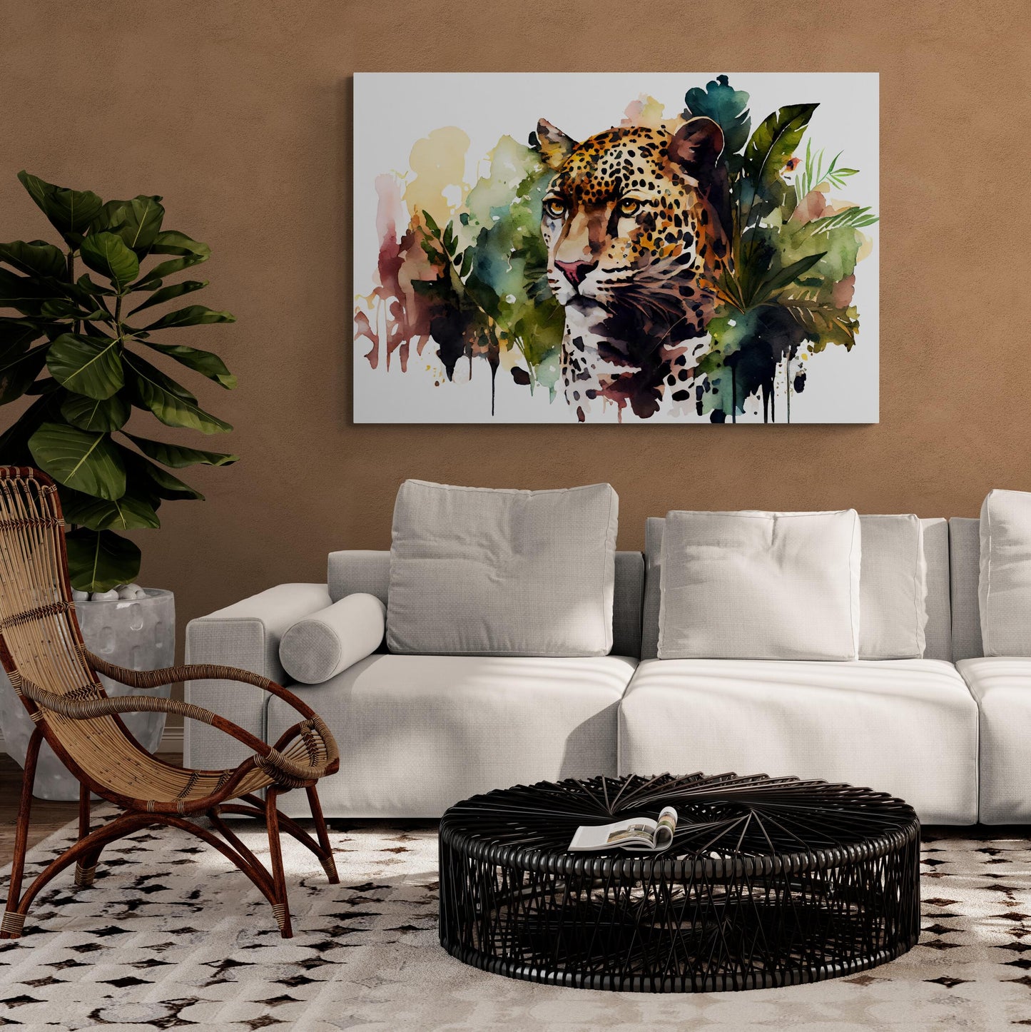 Leopard im Dschungel - Aquarell - Querformat im Wohnzimmer
