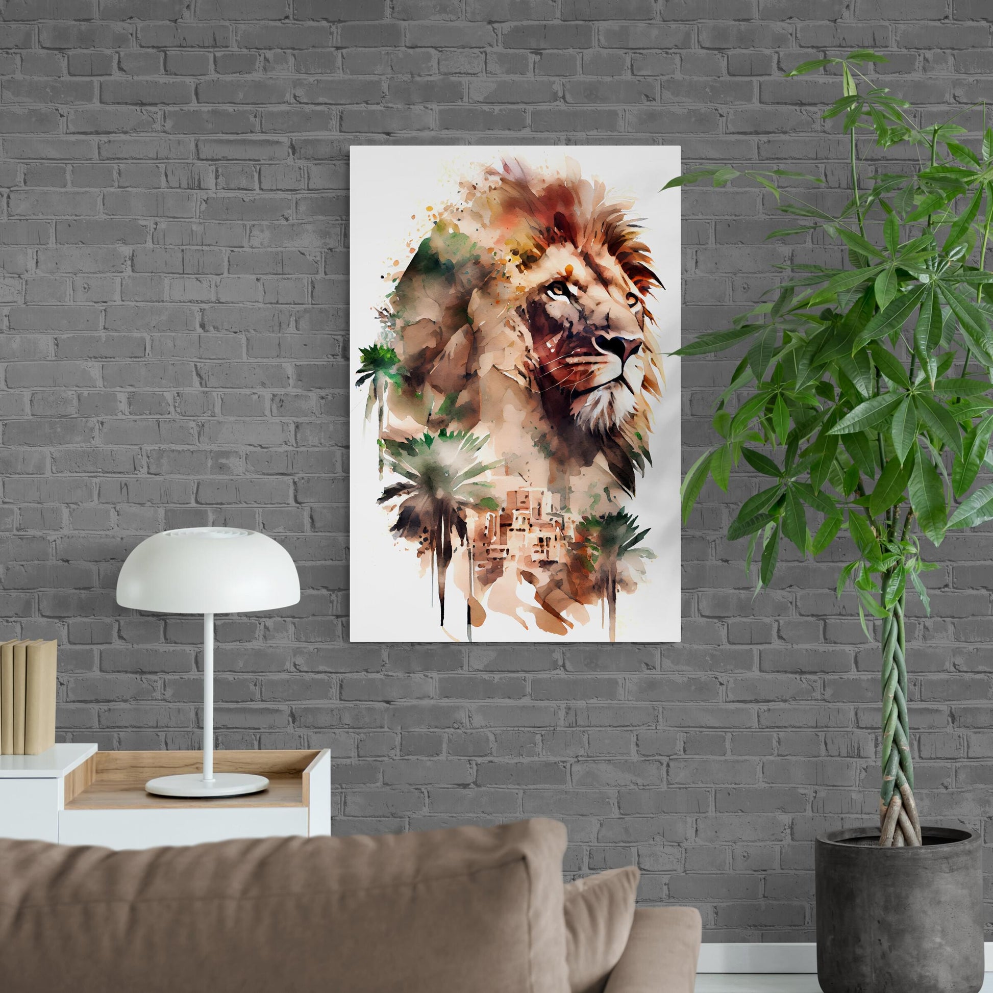 Löwe - Koenig der Oase - Aquarell - Hochformat im Wohnzimmer