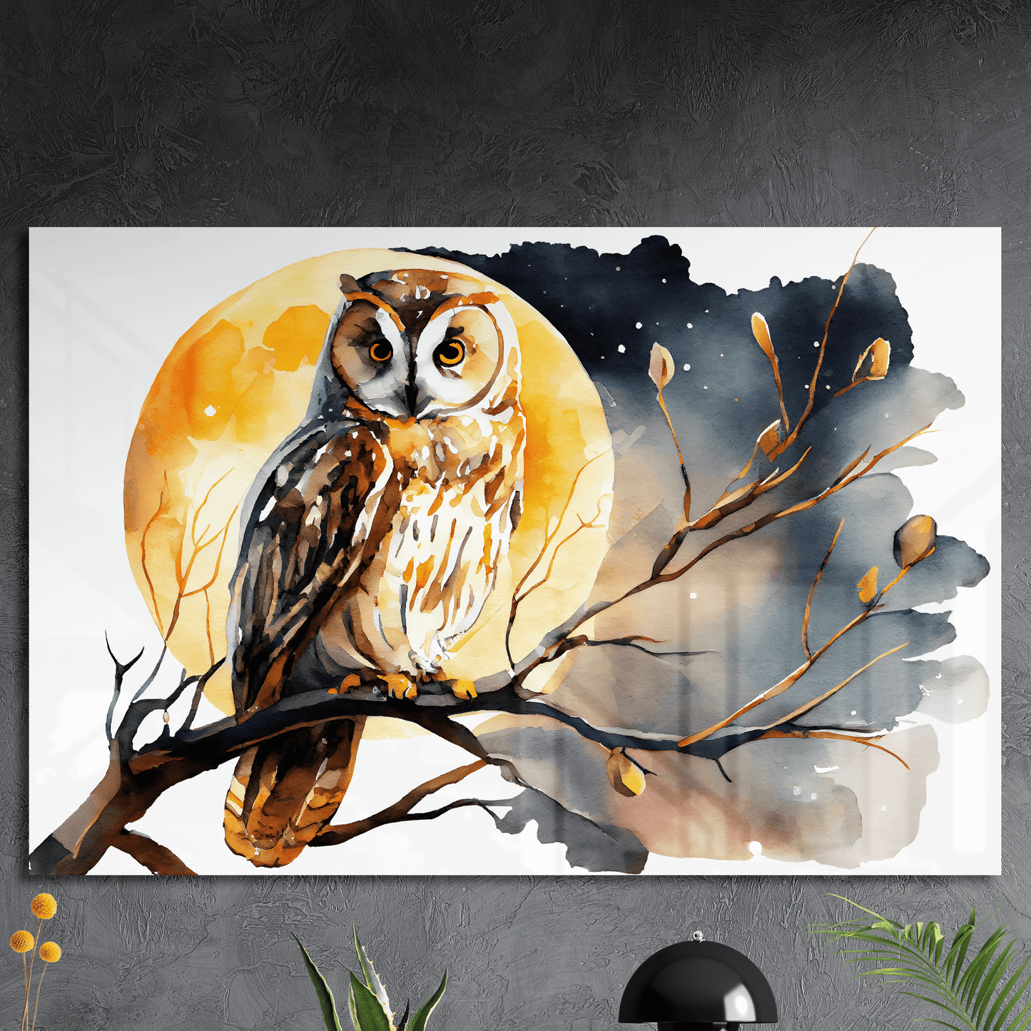 Moonlight Owl - Aquarell Wandbild - Querformat - Acrylglas (Alu verstärkt) - Detailansicht