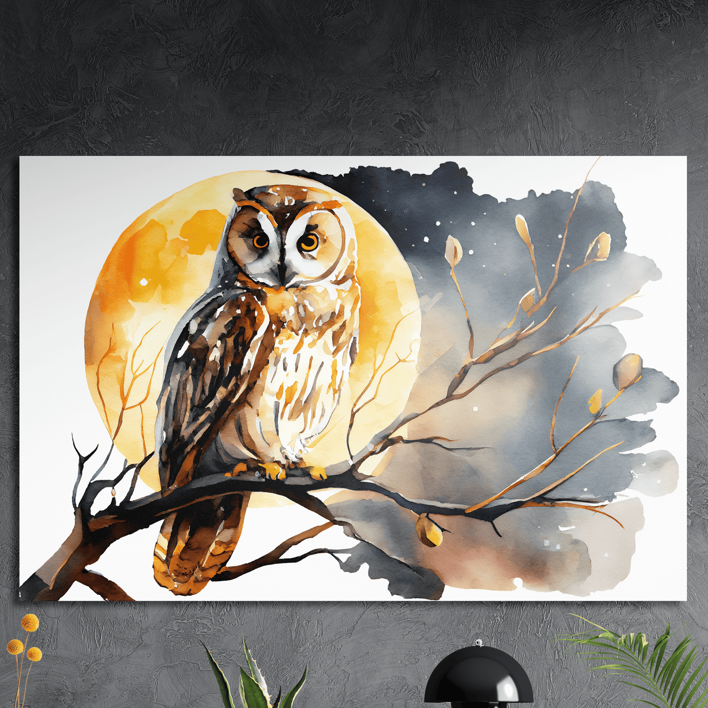 Moonlight Owl - Aquarell Wandbild - Querformat - Alu-Dibond - Detailansicht