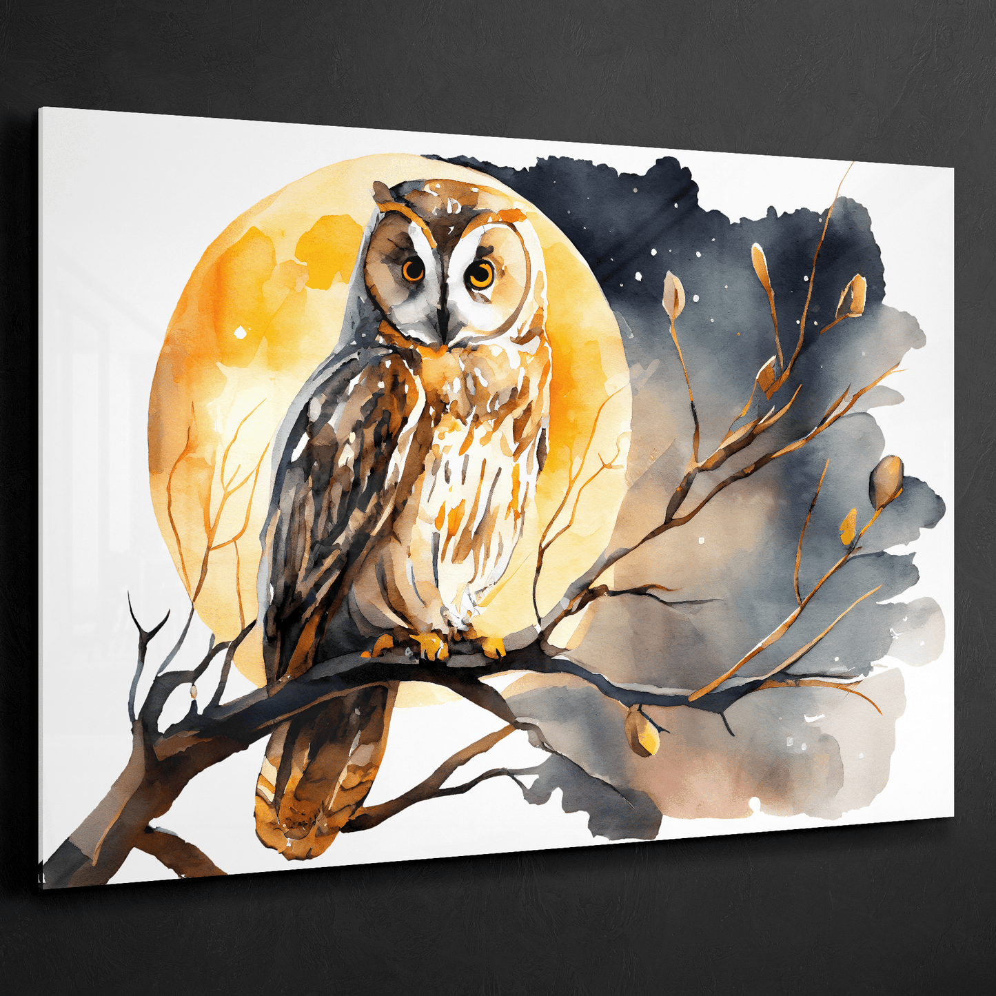 Moonlight Owl - Aquarell Wandbild - Querformat - Acrylglas - Detailansicht