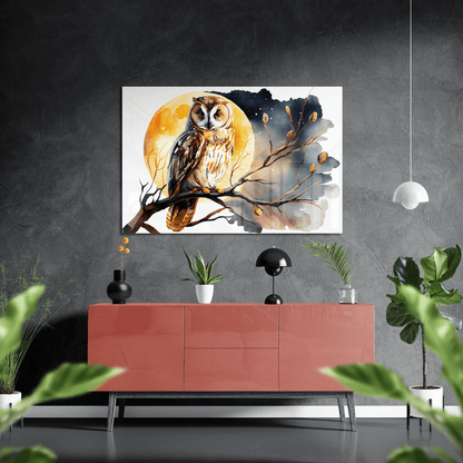 Moonlight Owl - Aquarell Wandbild - Querformat - über einer Wohnzimmer-Kommode