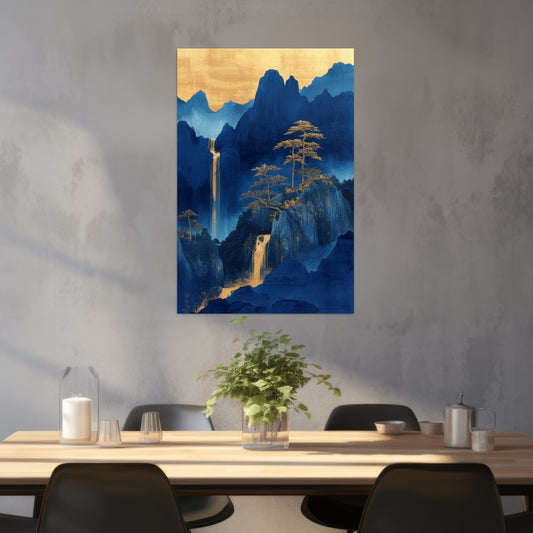 Blaue Stille mit goldenem Wasserfall - digital Art - Aquarell - Hochformat - Esszimmer graue Wand - Alu-Dibond - Acrylglas 