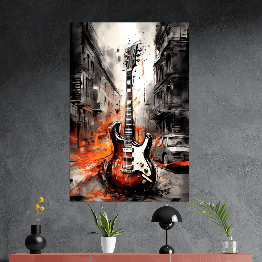 Echo of the Asphalt - Urban Guitar - Hochformat- Detailansicht mit Sideboard - Alu-Dibond - Acrylglas 