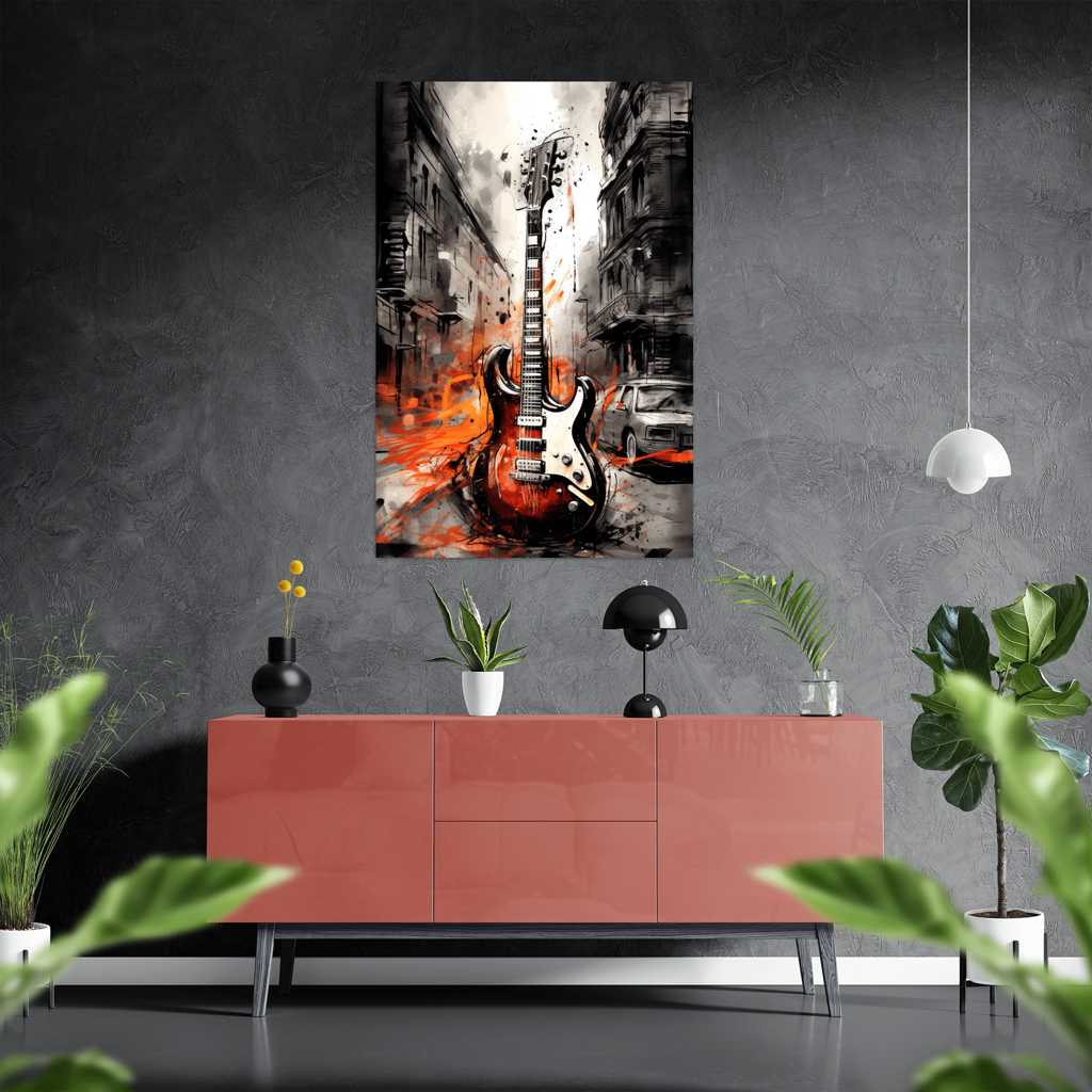 Echo of the Asphalt - Urban Guitar - Hochformat - Stylisches Wohnzimmer mit Sideboard - Alu-Dibond - Acrylglas