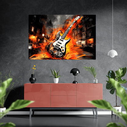 Fireworks of Rhythms - Urban-Guitar - Querformat - Stylisches Wohnzimmer mit Sideboard - Alu-Dibond - Acrylglas 