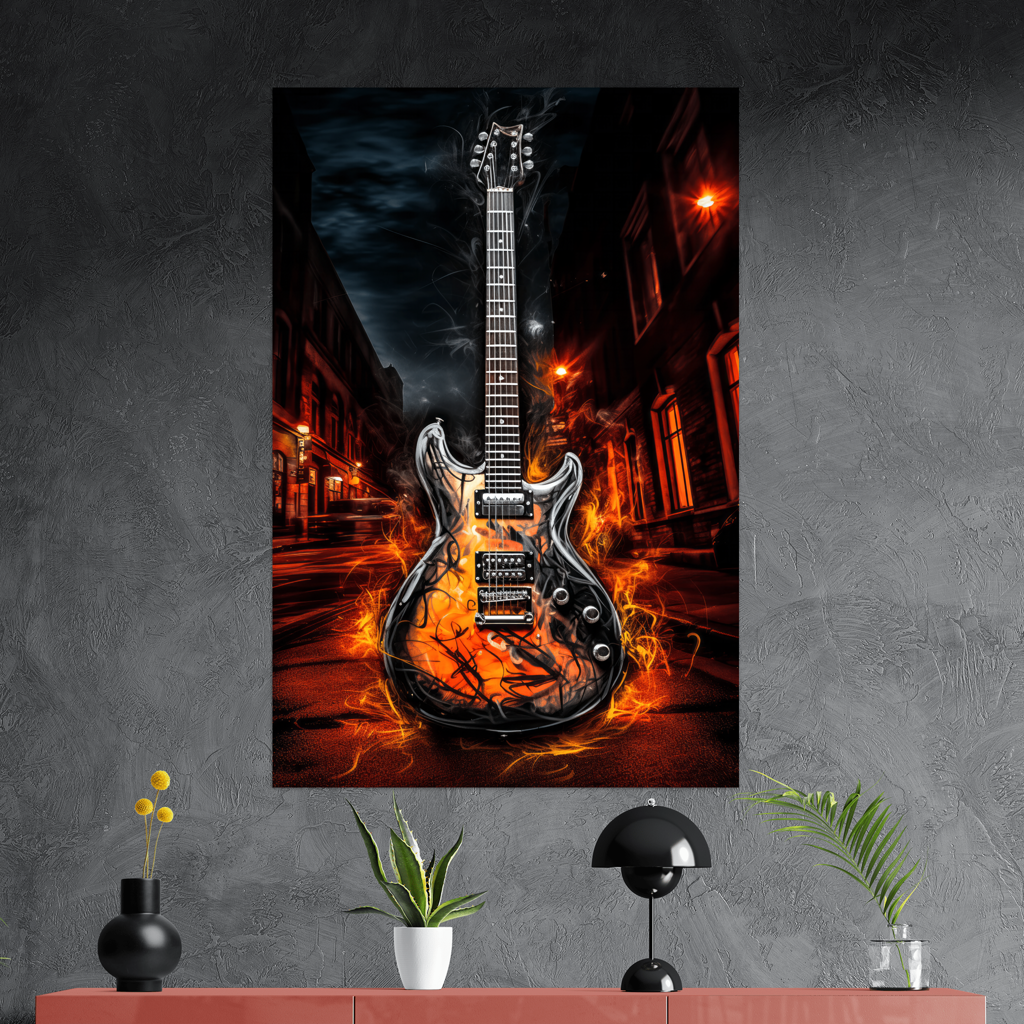 Flames of Inspiration - Urban-Guitar - Hochformat - Detailansicht mit Sideboard - Alu-Dibond - Acrylglas