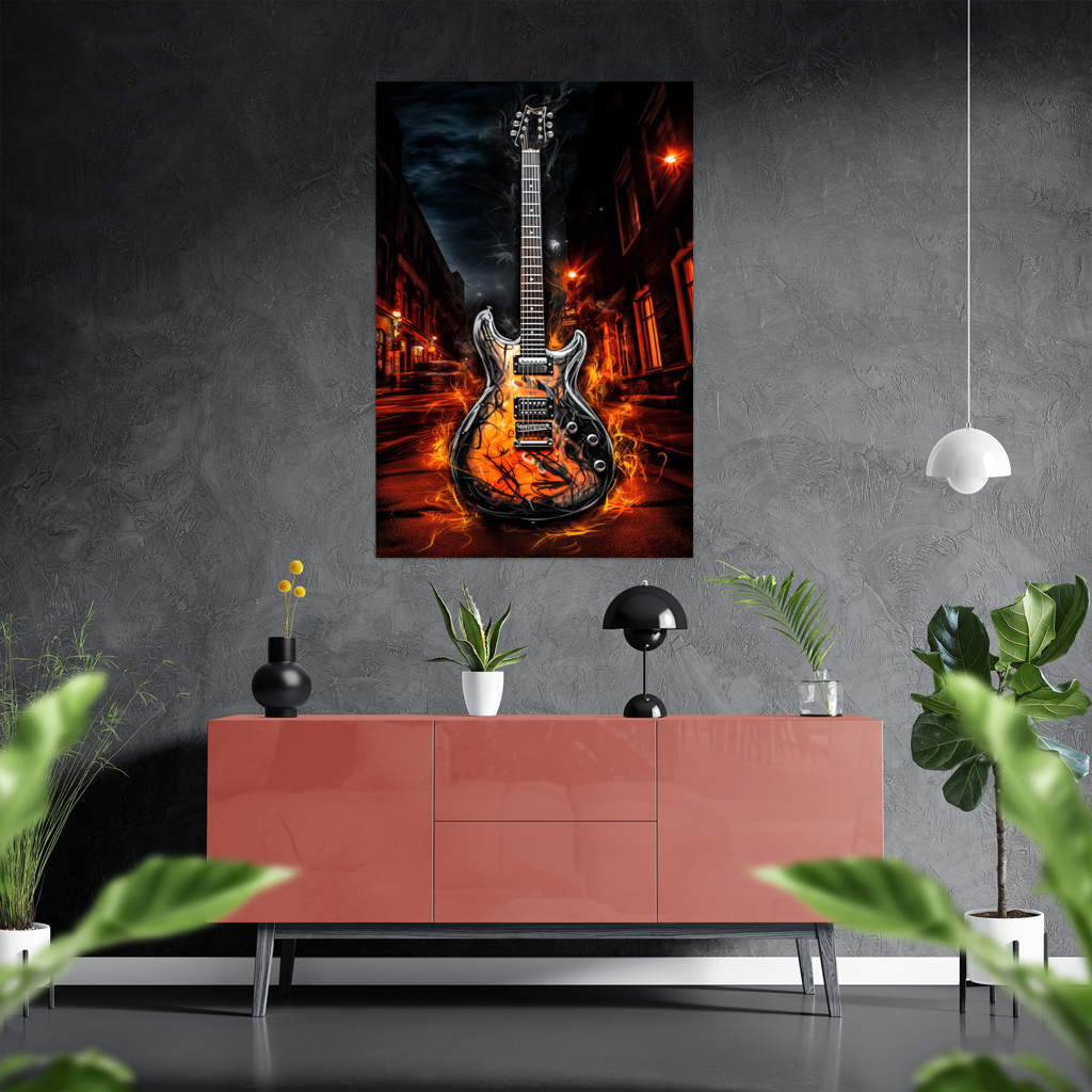 Flames of Inspiration - Urban-Guitar - Hochformat - Stylisches Wohnzimmer mit Sideboard - Alu-Dibond - Acrylglas 