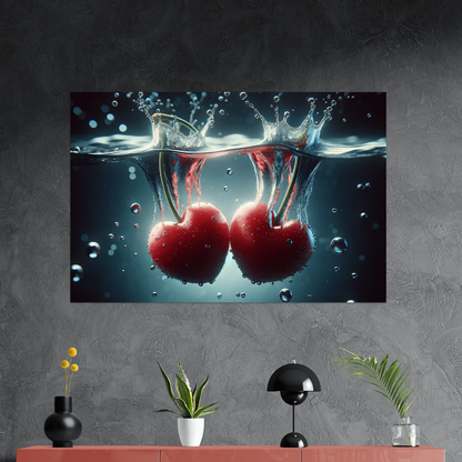Fresh Love - Herzförmige Kirschen im Wasser - digital -Art - Querformat - Detailansicht mit Sideboard - Alu-Dibond - Acrylglas 