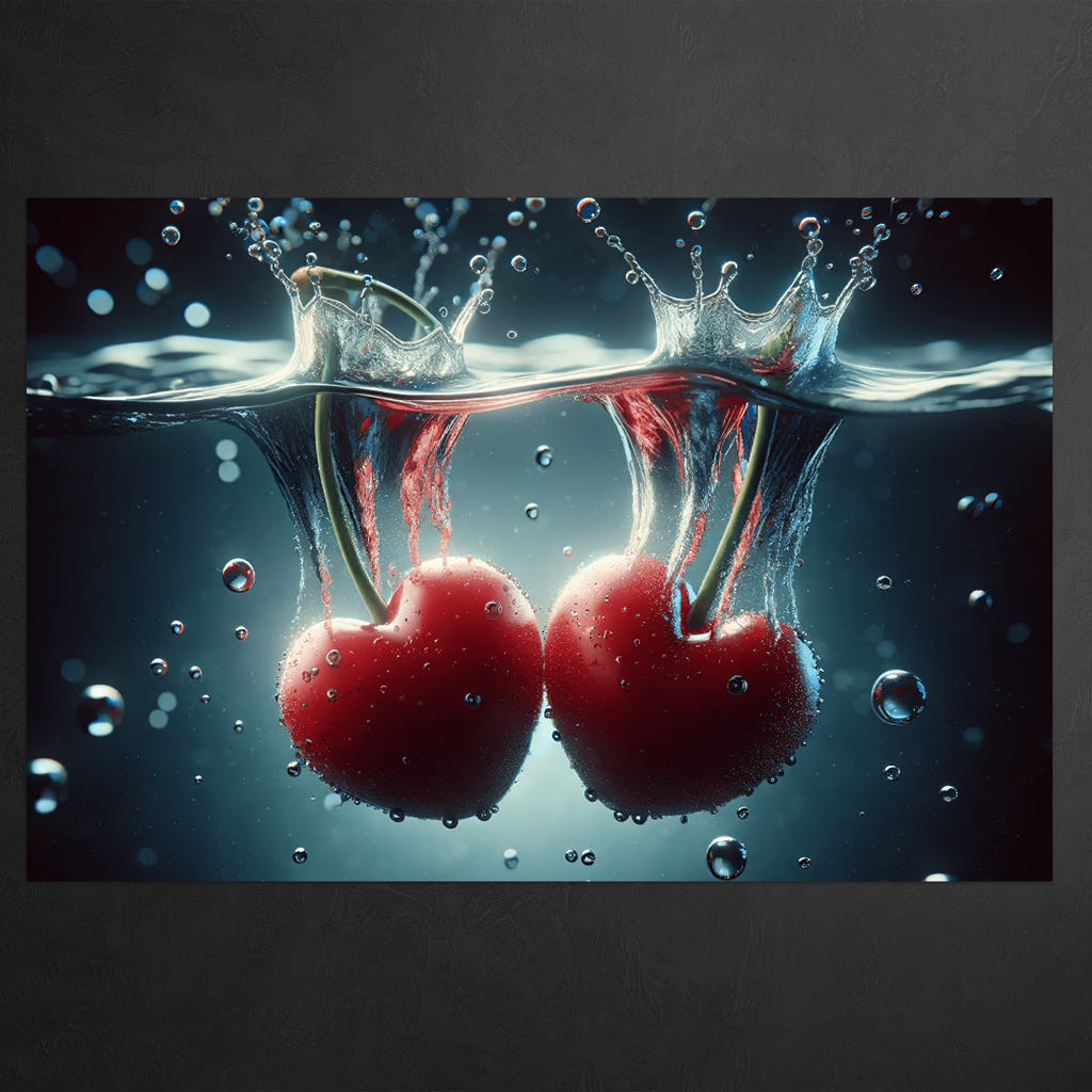 Fresh Love - Herzförmige Kirschen im Wasser - digital -Art - Querformat - Detailansicht  - Schwarzer Hintergrund - Alu-Dibond - Acrylglas 