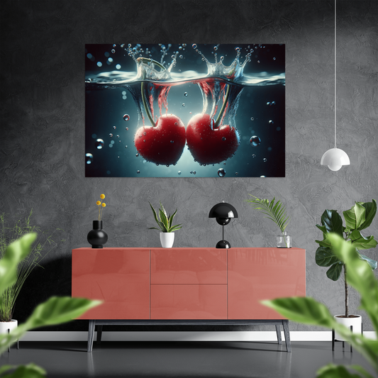 Fresh Love - Herzförmige Kirschen im Wasser - digital -Art - Querformat - Stylisches Wohnzimmer mit Sideboard - Alu-Dibond - Acrylglas