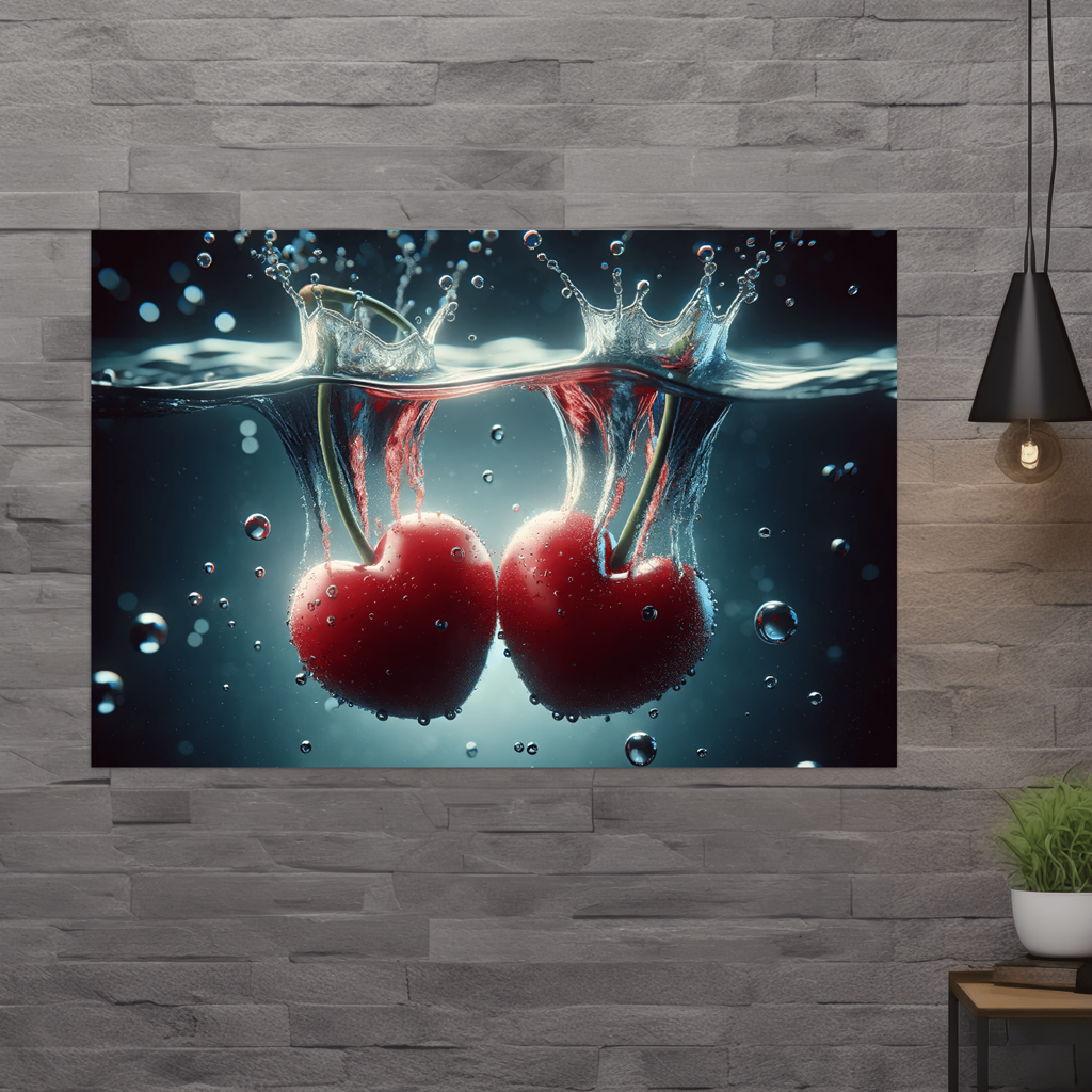 Fresh Love - Herzförmige Kirschen im Wasser - digital -Art - Querformat - Wand neutral - Alu-Dibond - Acrylglas 