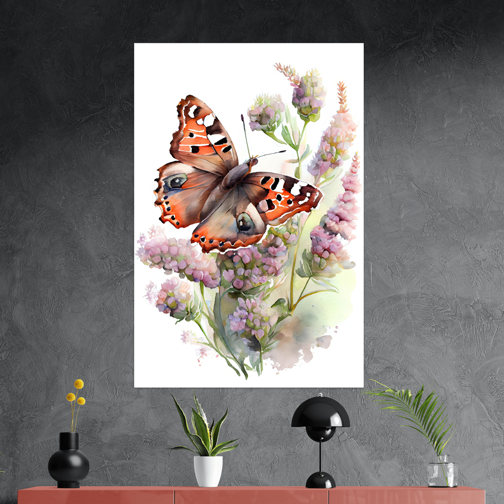 Harmonie der Traeume - Schmetterling - Aquarell - Hochformat - Detailansicht mit Sideboard - Alu-Dibond - Acrylglas