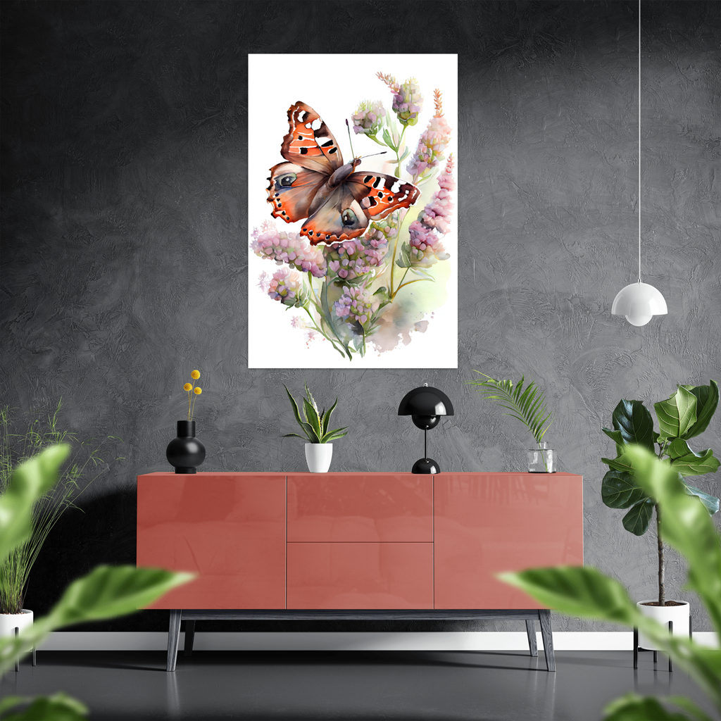Harmonie der Traeume - Schmetterling - Aquarell - Hochformat - Stylisches Wohnzimmer mit Sideboard - Alu-Dibond - Acrylglas 