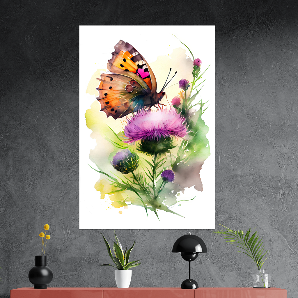 Harmonie des Morgens - Schmetterling - Aquarell - Hochformat - Detailansicht mit Sideboard - Alu-Dibond - Acrylglas 