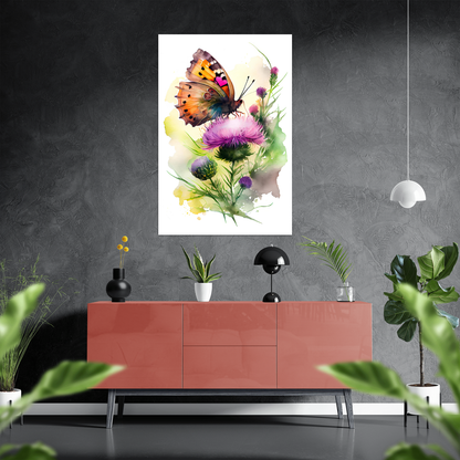 Harmonie des Morgens - Schmetterling - Aquarell - Hochformat - Stylisches Wohnzimmer mit Sideboard - Alu-Dibond - Acrylglas