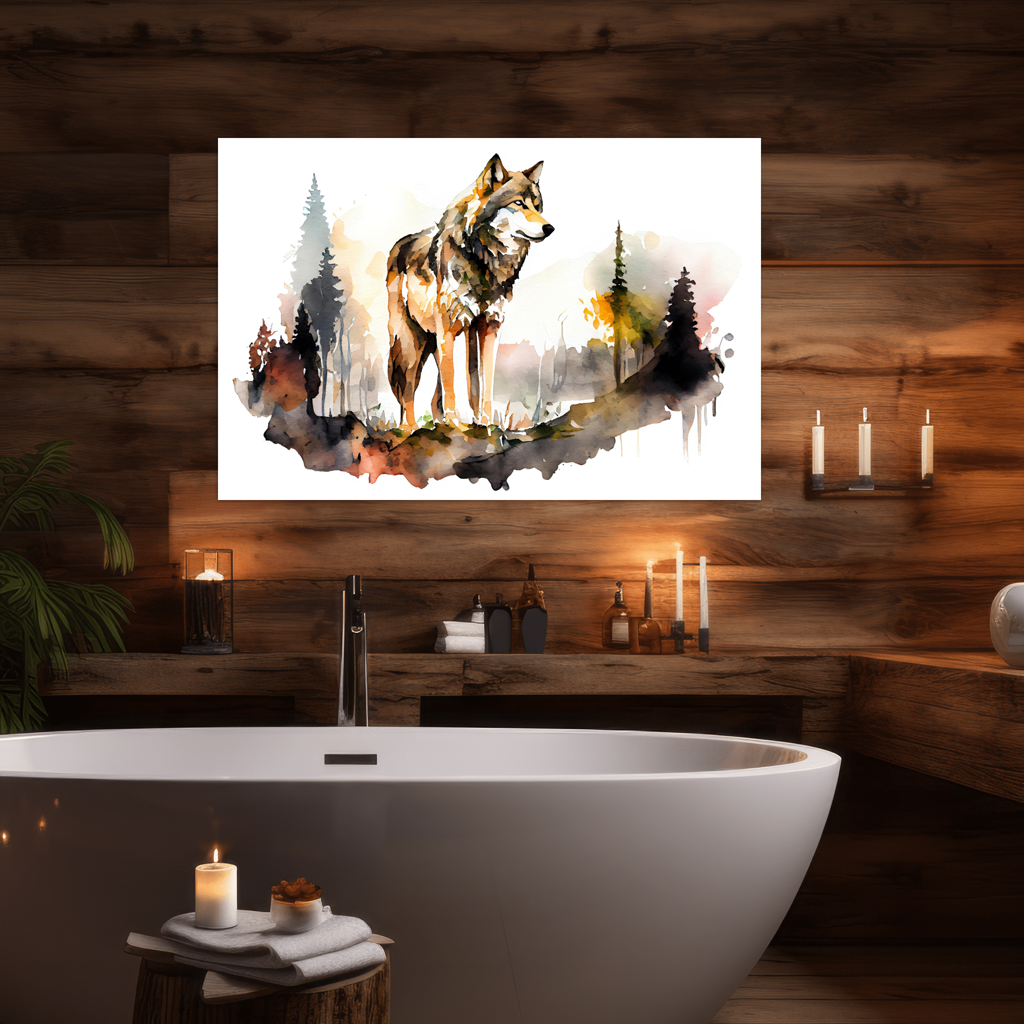 Hüter der Natur - Wolf - Aquarell - Querformat - Badezimmer - Luxus Holz-Style - Alu-Dibond - Acrylglas 