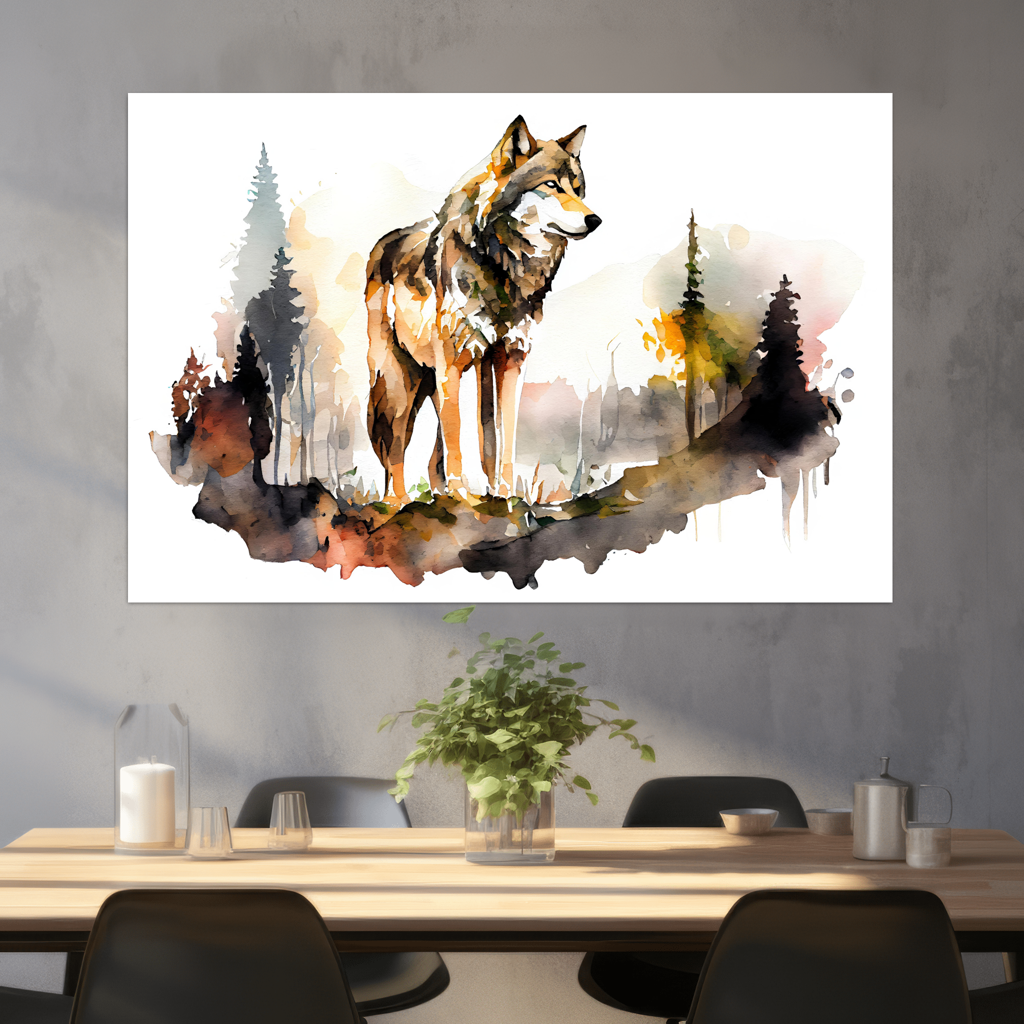 Hüter der Natur - Wolf - Aquarell - Querformat - Esszimmer graue Wand - Alu-Dibond - Acrylglas 