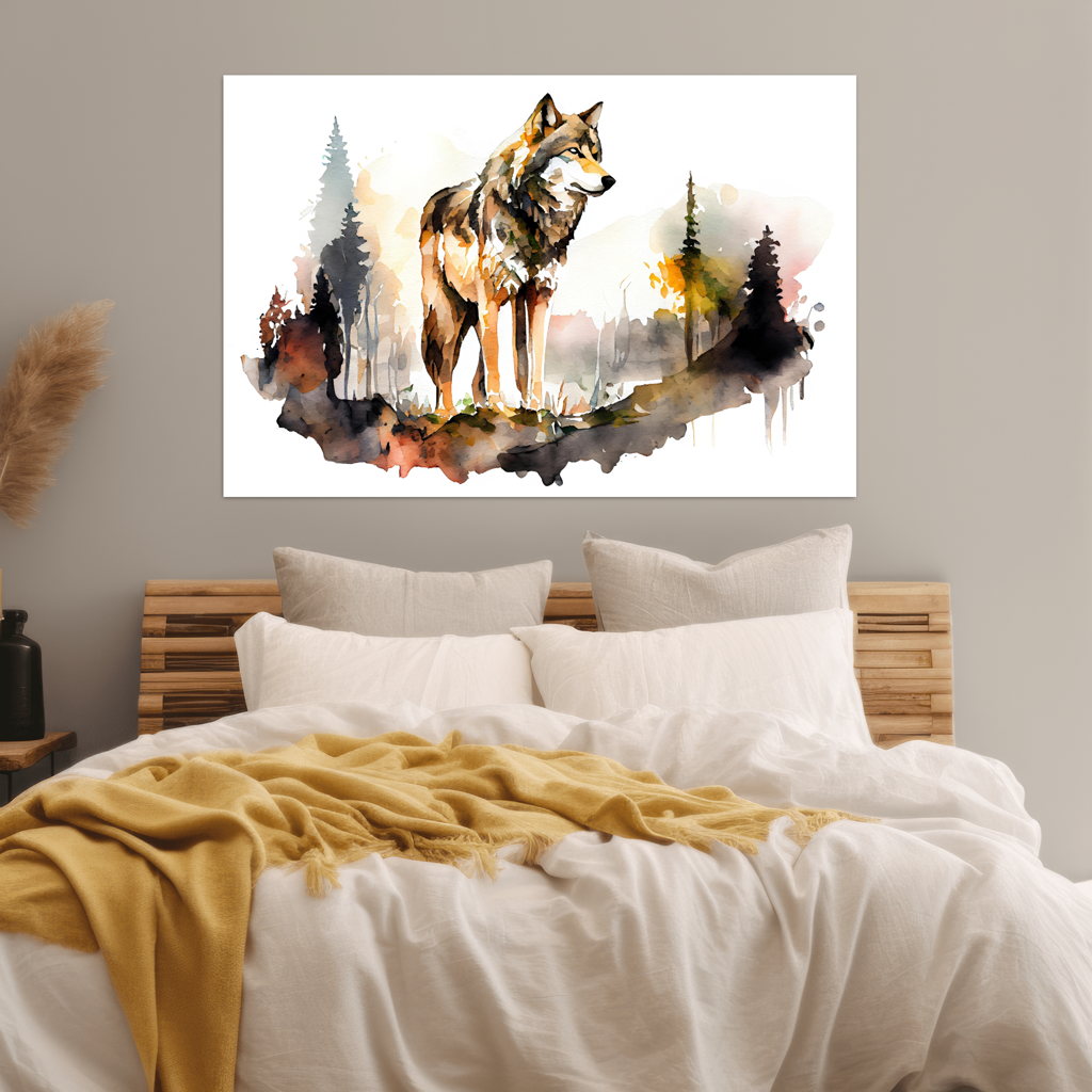 Hüter der Natur - Wolf - Aquarell - Querformat - Schlafzimmer - Natur Style - Alu-Dibond - Acrylglas 