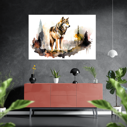 Hüter der Natur - Wolf - Aquarell - Querformat - Stylisches Wohnzimmer mit Sideboard - Alu-Dibond - Acrylglas 