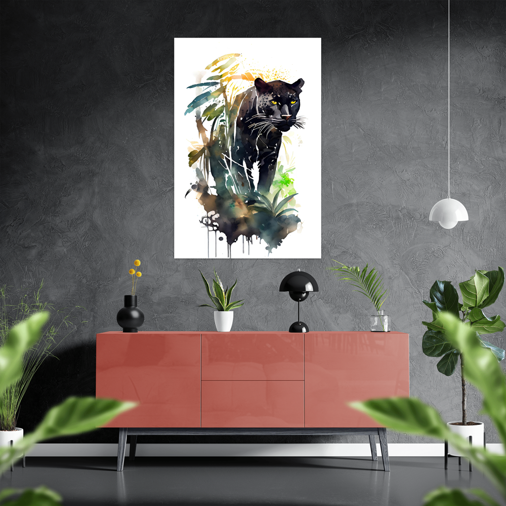 Im Visier - Schwarzer Panther - Aquarell - Hochformat - Stylisches Wohnzimmer mit Sideboard - Alu-Dibond - Acrylglas 