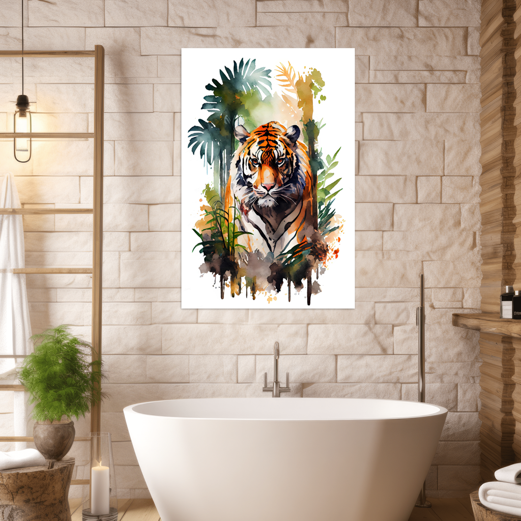 Kraft des Dschungels - Tiger - Aquarell - Hochformat - Badezimmer - Natural Style - Alu-Dibond - Acrylglas 