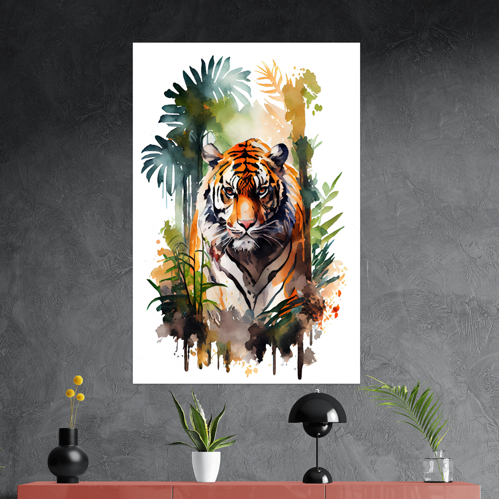 Kraft des Dschungels - Tiger - Aquarell - Hochformat - Detailansicht mit Sideboard - Alu-Dibond - Acrylglas 