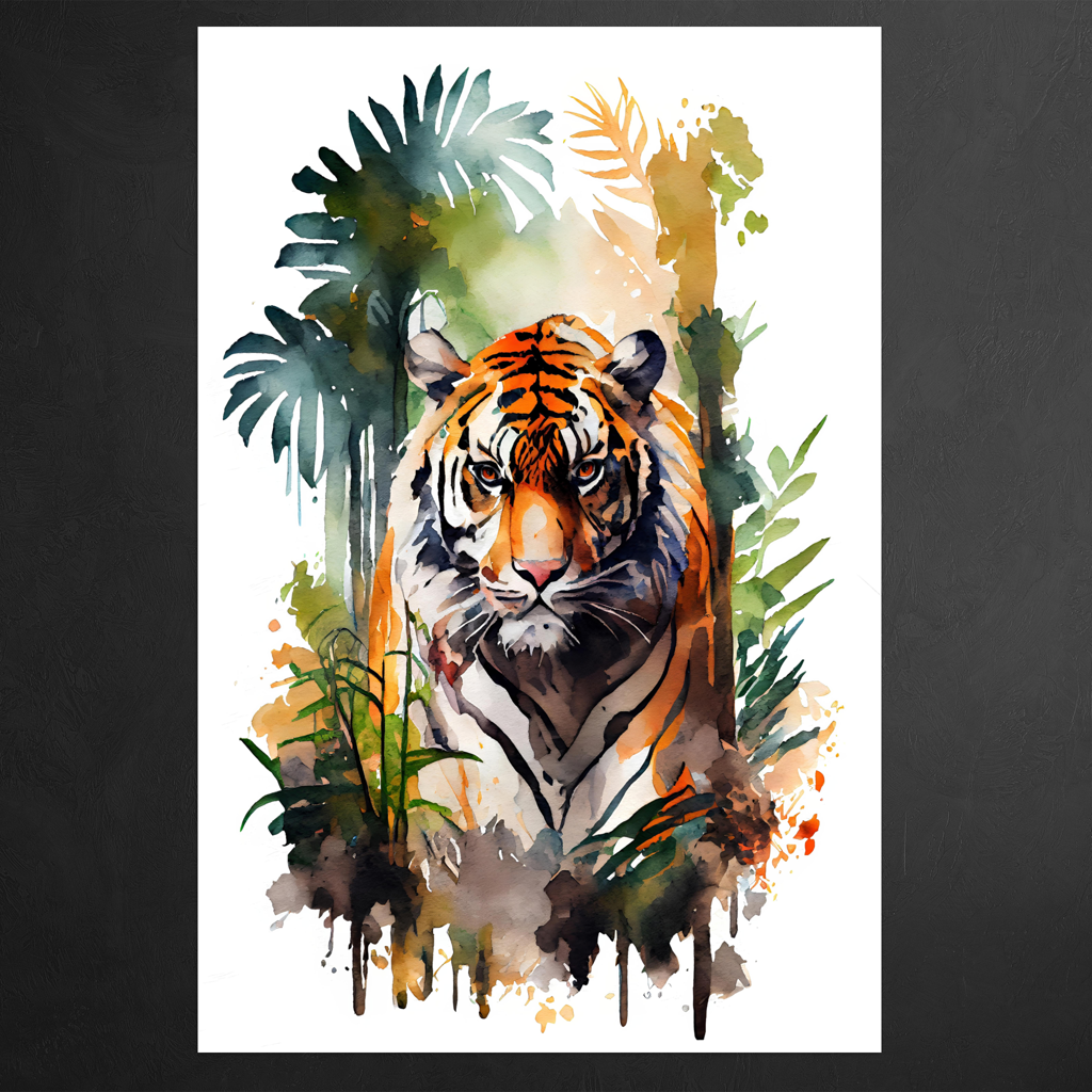 Kraft des Dschungels - Tiger - Aquarell - Hochformat - Detailansicht  - Schwarzer Hintergund - Alu-Dibond - Acrylglas 